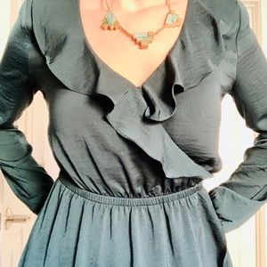 Satin Wintergreen Elastic Waist Ruffle Dress